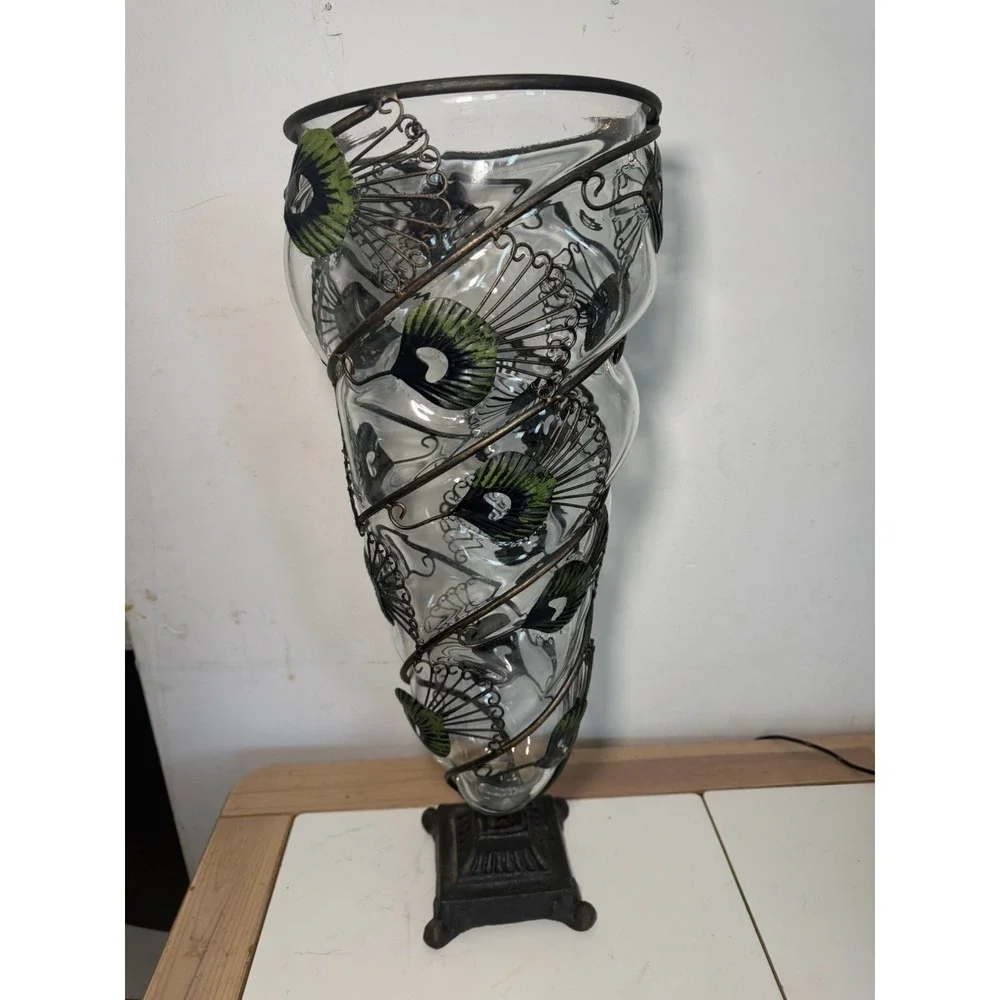 Vintage Hand Blown Cast Iron Large Peacock Feather Vase